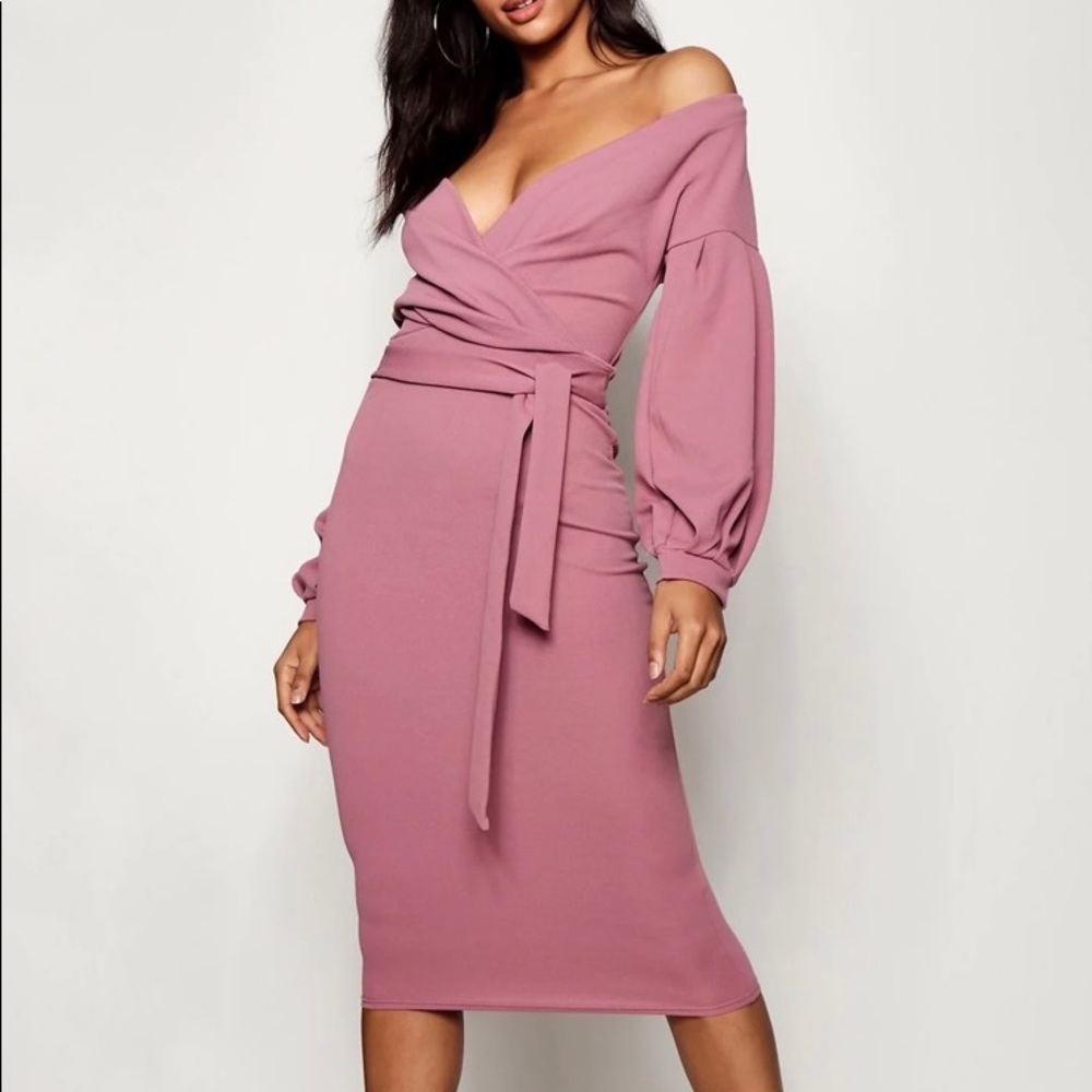 NWT Womens Plus Size Tall Off The Shoulder Midi Bodycon Dress Pink Mink Sz 18